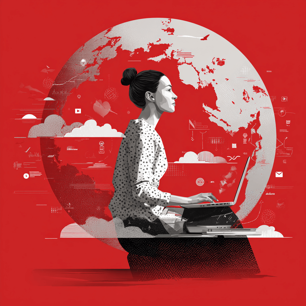 irenecroft Woman at a laptop in front of a red globe social m 3d1929df 8b16 4ebb 92b9 b6c7490767ec 1